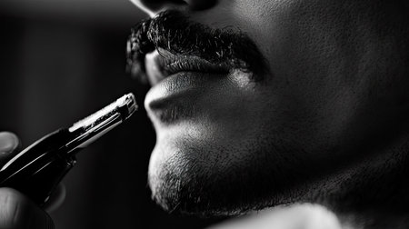 Detail of a man's mustache as he trims it with an electric shaver, showcasing the close precision of the shave.の素材