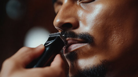 Close-up of a man using an electric shaver to tidy his mustache, focusing on smooth, close contact with skin.の素材