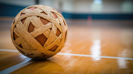 Close-up of a Sepak Takraw ball on a basketball court floor, with court lines in the background.の素材