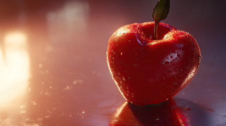 Close-up of a red rose apple with soft light reflecting off its skin, isolated on a bright background.の素材
