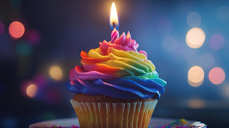 Close-up of a vibrant cupcake with rainbow frosting and a burning candle, ready for celebration.の素材