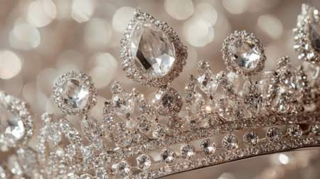 Close-up of a silver tiara encrusted with tiny diamonds, showing sparkling details on a light background.の素材