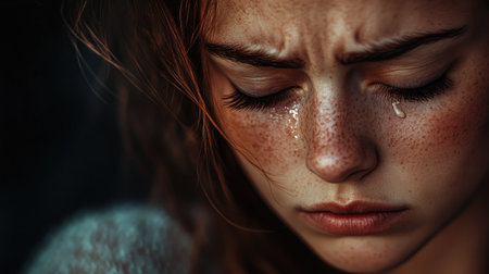 Close-up of a woman with tears in her eyes, her face soft with vulnerability and sadness.の素材