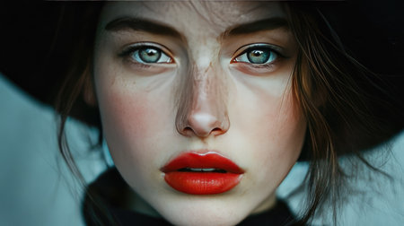 Close-up of a young woman with bold red lips and a black hat, looking confidently into the camera.の素材