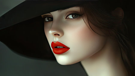 Close-up of young woman in a black hat, red lipstick contrasting beautifully with her porcelain skin.の素材