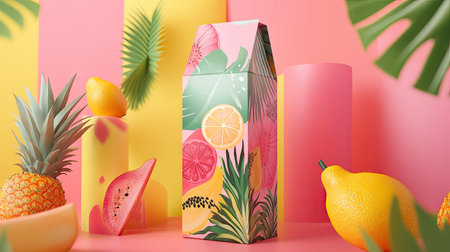 Colorful juice carton with a tropical fruit design, isolated on a bright background, highlighting vibrant packagingの素材