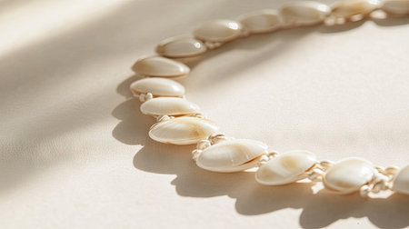 Close-up of cowrie shell necklace with polished shells, laid out on a neutral background, highlighting its simplicityの素材