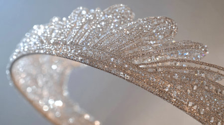 Close-up of a silver tiara encrusted with tiny diamonds, showing sparkling details on a light background.の素材