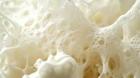 Close-up of white foam bubbles in water, capturing their tiny details and the gleaming soap effect. Clean, minimal backgroundの素材