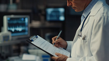 Close-up of doctor with clipboard and pen, documenting patient information in a clinical setting.の素材