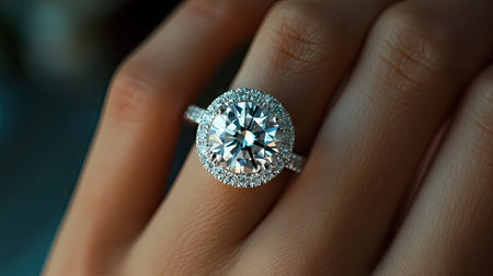 Close-up shot of a bride's diamond ring on her finger, her hands gracefully posed in soft lighting.の素材
