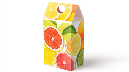 Colorful juice carton with a burst of citrus fruit designs, isolated on a white background for a fresh, vibrant lookの素材