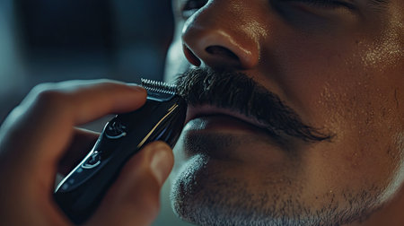Close-up of hands holding an electric shaver, precisely trimming a mustache for a sharp, clean look.の素材