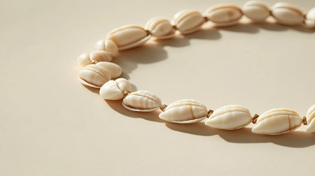 Close-up of cowrie shell necklace with polished shells, laid out on a neutral background, highlighting its simplicityの素材