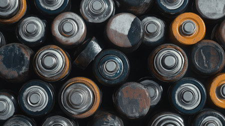 Close-up of several AA alkaline batteries laying flat, showcasing their metal and plastic textures.の素材