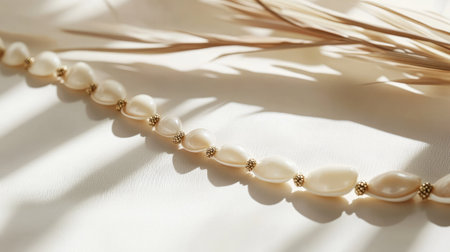 Close-up of cowrie shell necklace with polished shells, laid out on a neutral background, highlighting its simplicityの素材