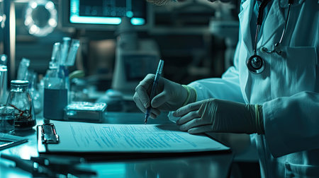 Doctor writing on a clipboard with soft lighting and medical tools in the background, creating a calm atmosphere.の素材