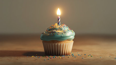 Cupcake with blue and green frosting, a lit candle, and colorful sprinkles, celebrating against a neutral background.の素材