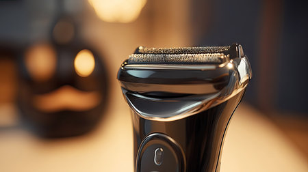 Detail view of an electric shaver gliding smoothly over a mustache, showing controlled, precise trimming.の素材