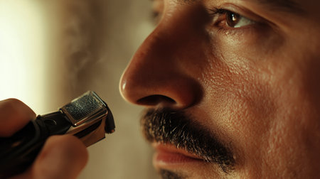 Detail view of a man using an electric shaver to shape his mustache, with focus on the shaver's head against his skin.の素材
