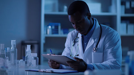 Doctor taking notes on a clipboard, with a lab coat and focused lighting in a clinical setting.の素材