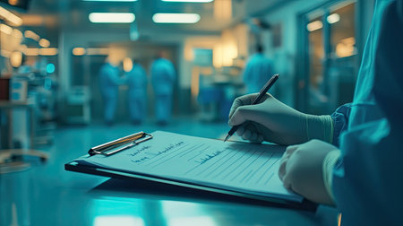 Doctor's hand writing on a clipboard in a clinical room, emphasizing the careful approach to patient care.の素材
