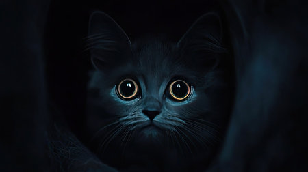 Dark backdrop with a cat's luminous, wide eyes peeking out, showing alertness and intrigue.の素材