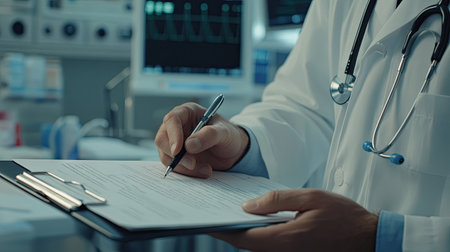 Doctor writing on a clipboard in a hospital room, close-up on hand and pen, emphasizing the care process.の素材