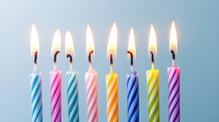 Row of colorful birthday candles burning brightly against clean background, symbolizing celebration, joy, and party atmosphereの素材