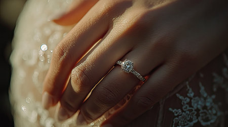 Close-up of bride's hands resting gently with a sparkling diamond ring, capturing elegance and detail.の素材