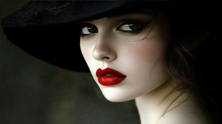 Close-up of a young woman's red lips and black hat, her gaze intense and captivating.の素材