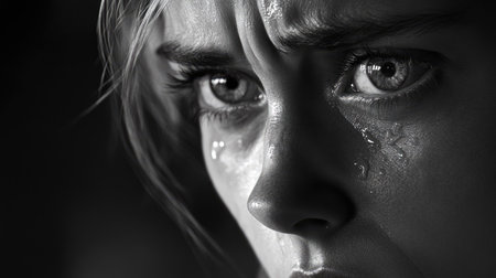 Close-up of a woman with tear-filled eyes, her expression showing intense sorrow and grief.の素材
