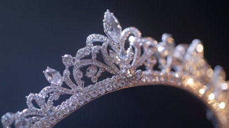 Close-up of a classic silver tiara with delicate diamond detailing, shining beautifully on a black backdrop.の素材