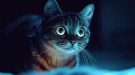 Close-up of a cat with glowing, bright eyes in the dark, gazing intently at the camera.の素材