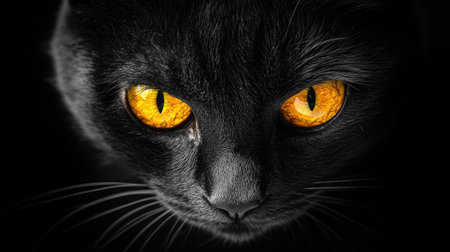 Close-up of a cat with big, round eyes glowing brightly in the shadows, focused and mysterious.の素材