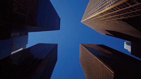 Converging skyscrapers from below, with a deep blue sky overhead, highlighting symmetry and urban sophisticationの素材