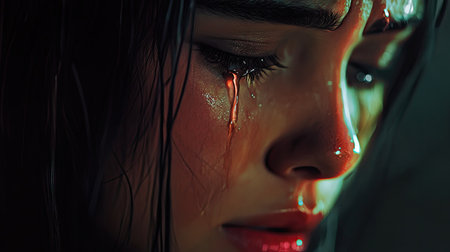 Close-up of a woman crying, her face filled with sorrow, capturing each tear and the depth of emotion.の素材