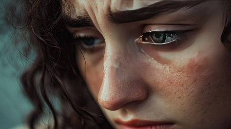 Close-up of woman's tearful face, showing vulnerability, sadness, and a heartbroken gaze.の素材