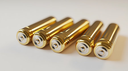 Cluster of alkaline batteries with positive ends facing up, on a white background.の素材