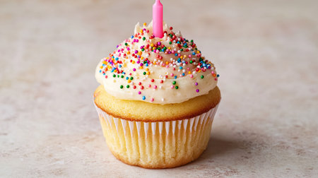 Cupcake topped with rainbow sprinkles and a pink candle, set against a light, neutral background.の素材