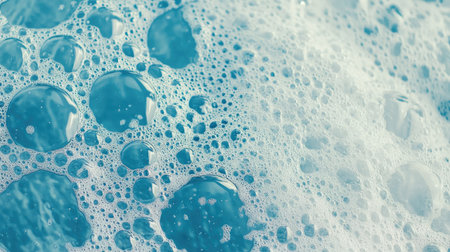 Close view of detergent bubbles with a blue water background, showing varying bubble sizes and a clean, shiny effectの素材