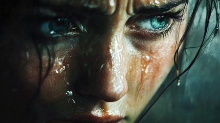 Close-up of a tearful woman, her face showing deep sorrow and vulnerability, tears glistening on her cheeks.の素材