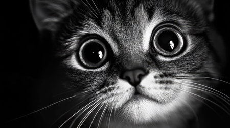 Dark setting with a cat's bright, wide eyes glowing, showing intense gaze and alert expression.の素材