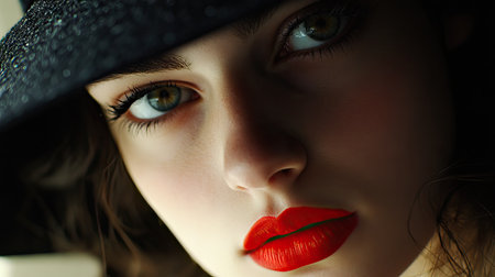 Close-up of a young woman's red lips and black hat, her gaze intense and captivating.の素材