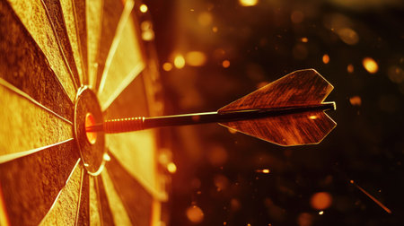 Close-up of a dart stuck in the bullseye with a blurry background, symbolizing focus.の素材