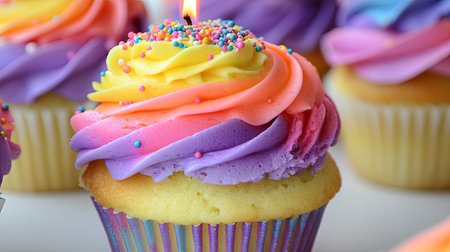 Close-up of a cupcake with brightly colored frosting, a lit candle, and festive sprinkles on white.の素材