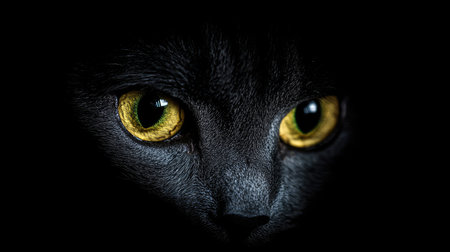 Close-up of a cat's large, bright eyes in a dark room, capturing the curious and haunting beauty.の素材