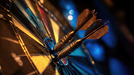 Close-up of three darts clustered in the bullseye, representing teamwork and accuracy.の素材