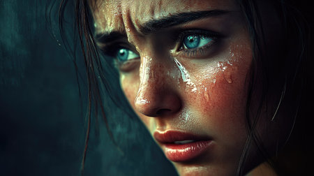 Close-up of a woman with tears in her eyes, her face soft with vulnerability and sadness.の素材