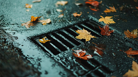 Close-up of a storm drain capturing heavy rain, street litter and leaves floating on the surface.の素材